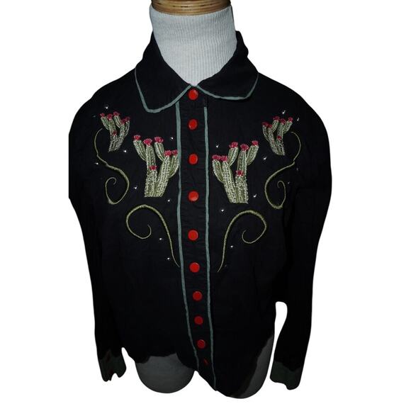Collectif London Western Cactus Embroidered Shirt Black Red Buttons Size S UK 10 - Picture 4 of 12